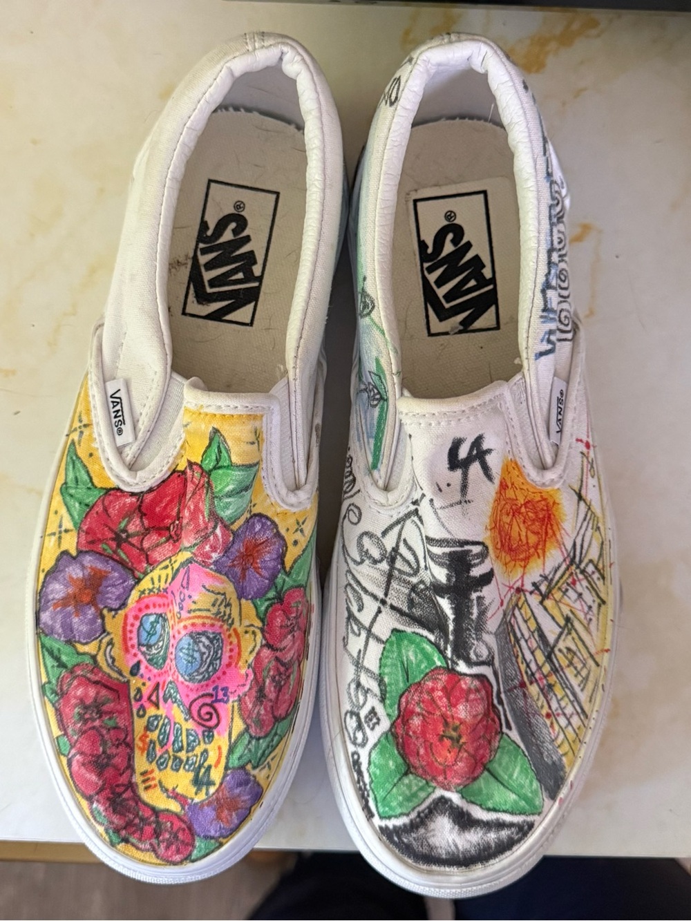 Vans White platform SlipOn Sneakers with Multicolor Floral and Skull Artwork 7.5
